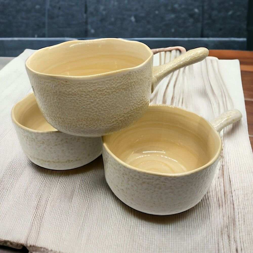 SANGO Coral Sand 4974 Onion Soup Bowl w Handle Scalloped Textured - Set Of 3